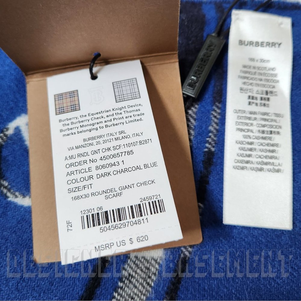 BURBERRY gray ROUNDEL GIANT CHECK reversible to blue LOGO Cashmere 12x66" Scarf - Picture 4 of 7